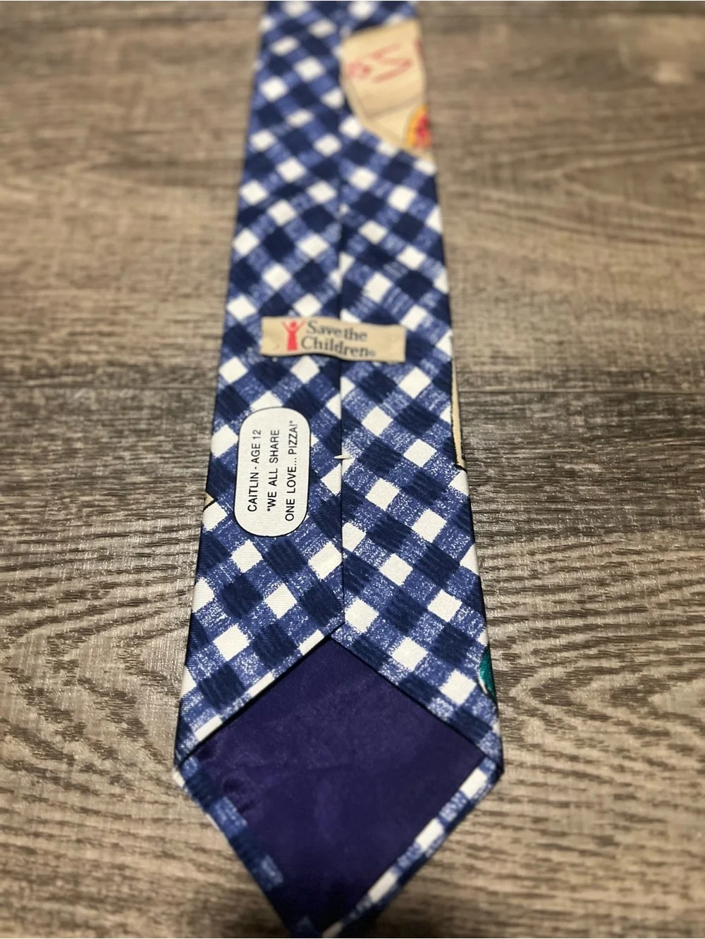 Vintage Save the Children Silk Tie - Blue Gingham Pizza Art by Caitlin (1997)